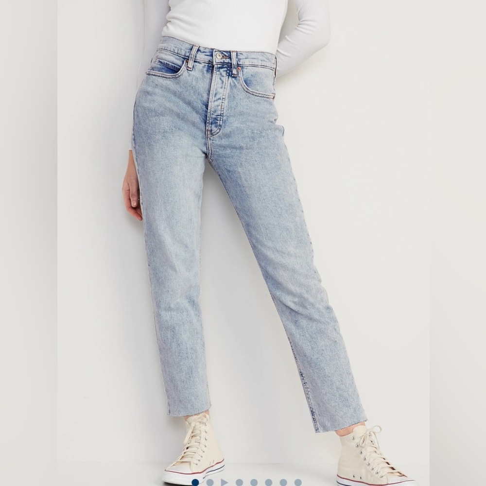 OLD NAVY Extra High-Waisted Button-Fly Sky-Hi Straight Raw-Hem Jeans Size 10